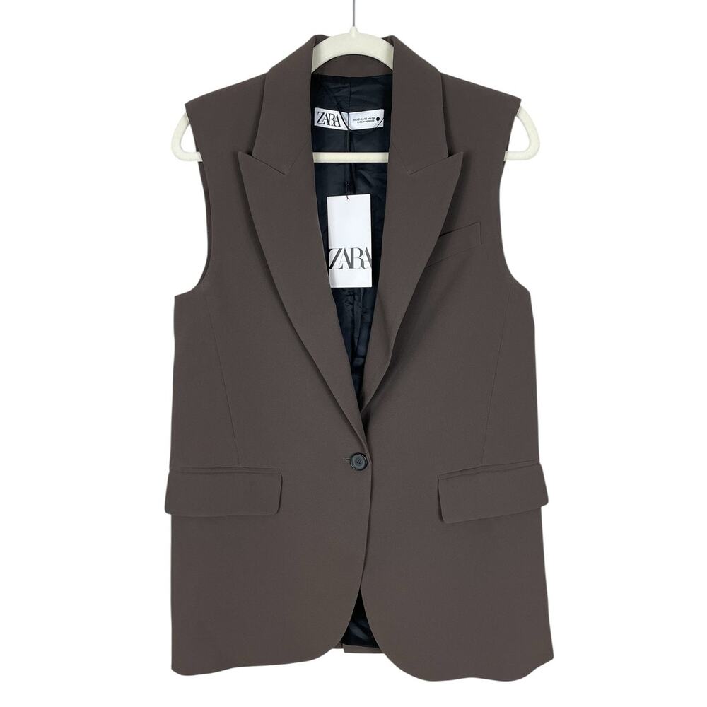 Zara Sleeveless Button Front Blazer Oversized Minimalist Modern Brown XS NEW